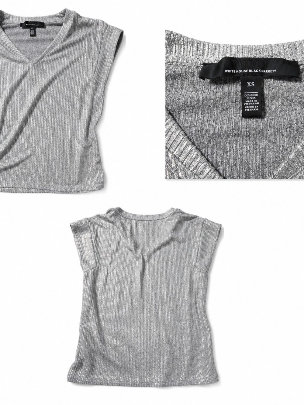 White House Black Market Metallic Silver Ribbed V-Neck Cap Sleeve Tank